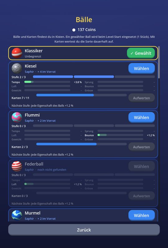 Ball-Liste: jeder Ball mit Stufen-Leiste, sechs Eigenschaften und Karten zum Aufwerten