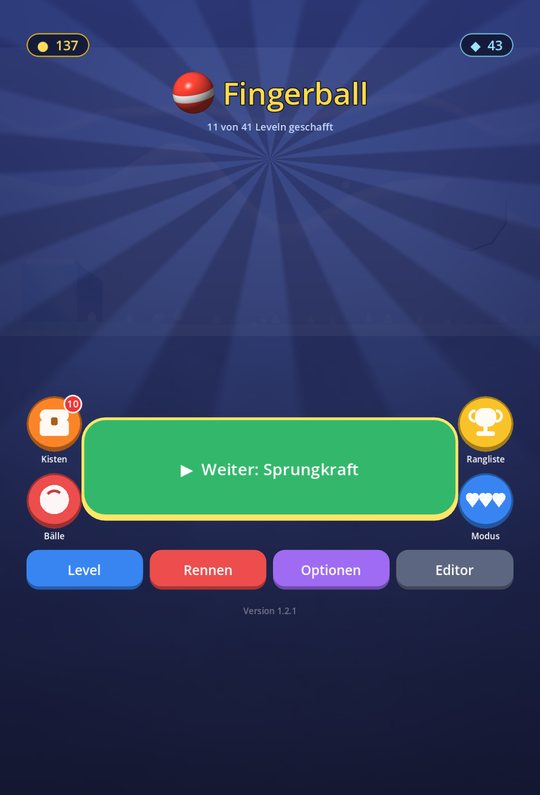 Hauptbildschirm mit grossem Spielen-Knopf und Knöpfen für Kisten, Bälle, Rangliste und Modus